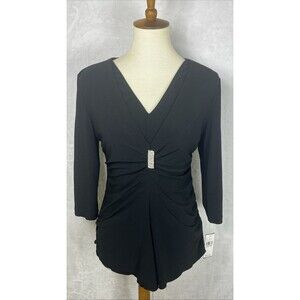 AB Studio Blouse Stretch Formal Black Rhinestones Size Medium NEW